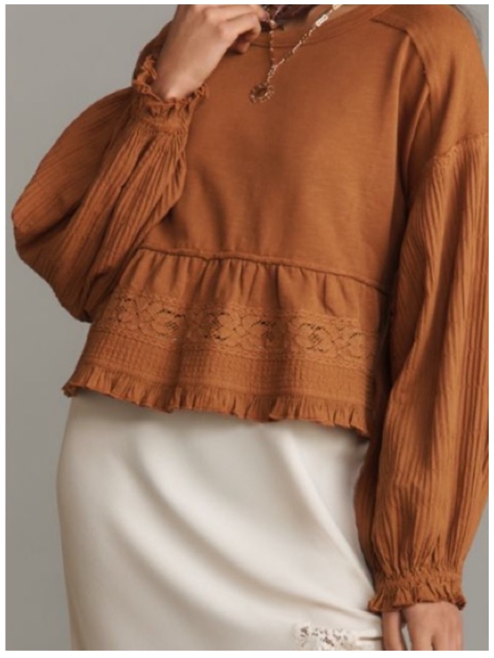 🟤NWT PILCRO by ANTHROPOLOGIE Long-Sleeve Ruffle Crop Babydoll Top in Pecan XL - Picture 2 of 6